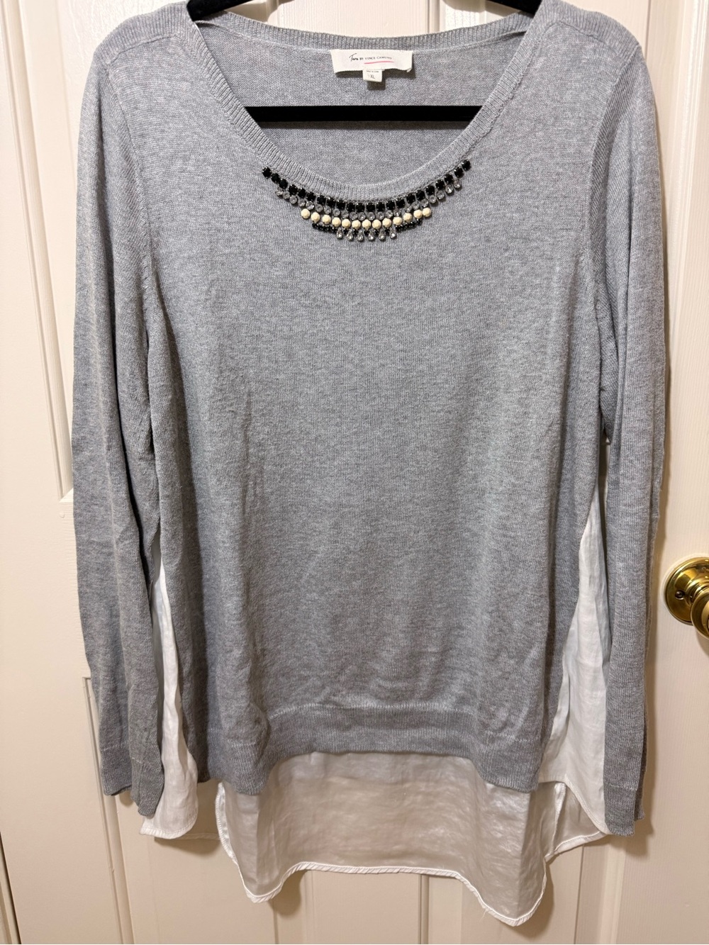 Vince Camuto Light Gray Layered Knit Sweater with Beaded Neckline